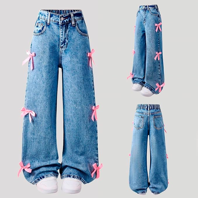 Girls Baggy Bow Jeans – High Waist Wide Leg Y2K Denim Pants for Kids & Teens
