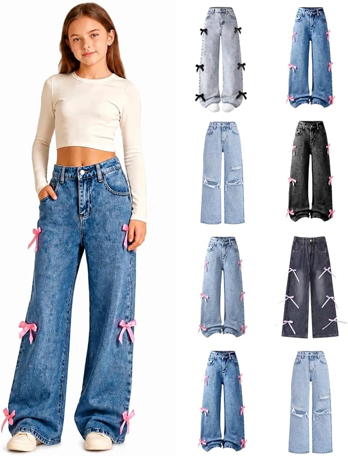 Girls Baggy Bow Jeans – High Waist Wide Leg Y2K Denim Pants for Kids & Teens