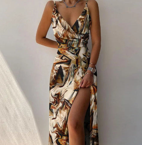 V-neck Slit Sling Suspender Dress