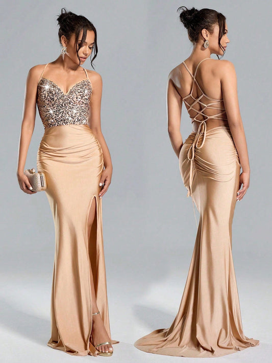 Suspended Backless High Waisted Sequin Patchwork High Slit Long Skirt Dress