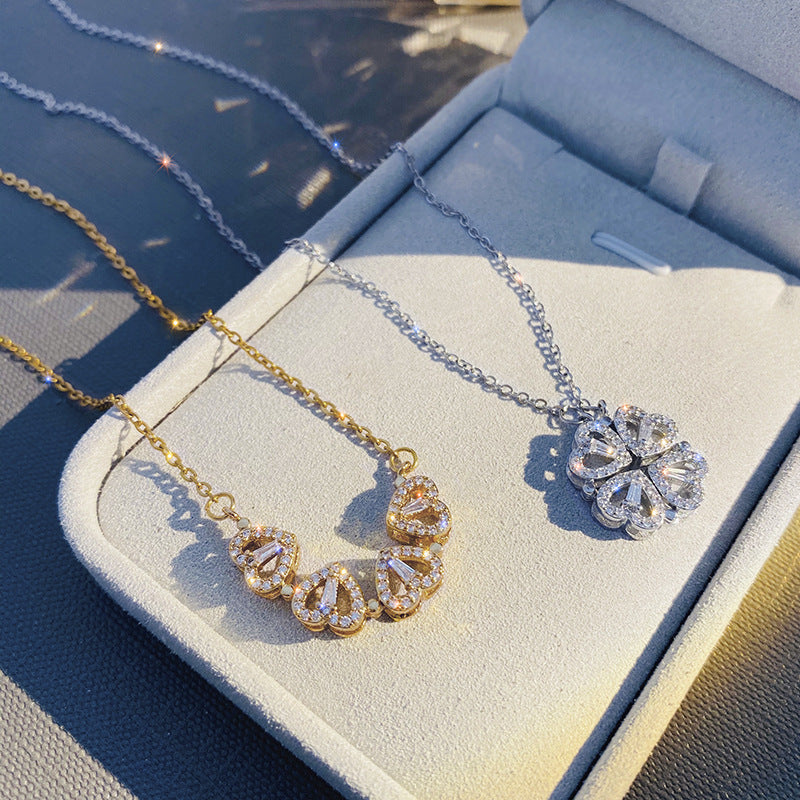 Magnetic Folding Heart Shaped Four Leaf Clover Necklace