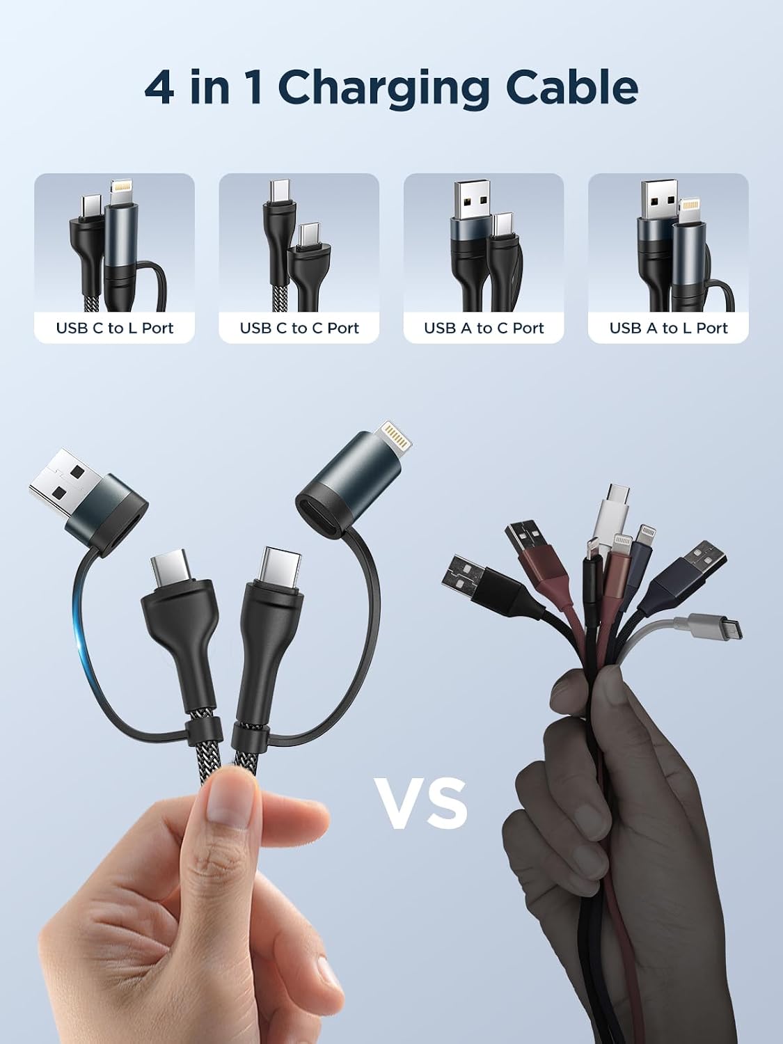 2-Pack 4-in-1 Charging Cable – 6.6FT 60W Fast Charging Multi USB-C & Lightning Cord