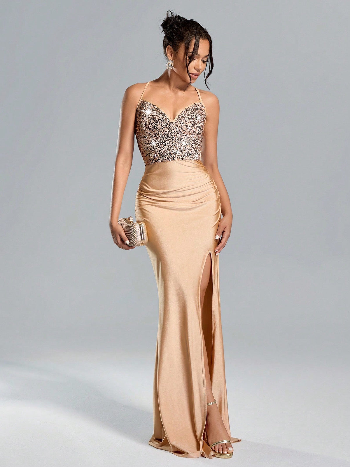 Suspended Backless High Waisted Sequin Patchwork High Slit Long Skirt Dress