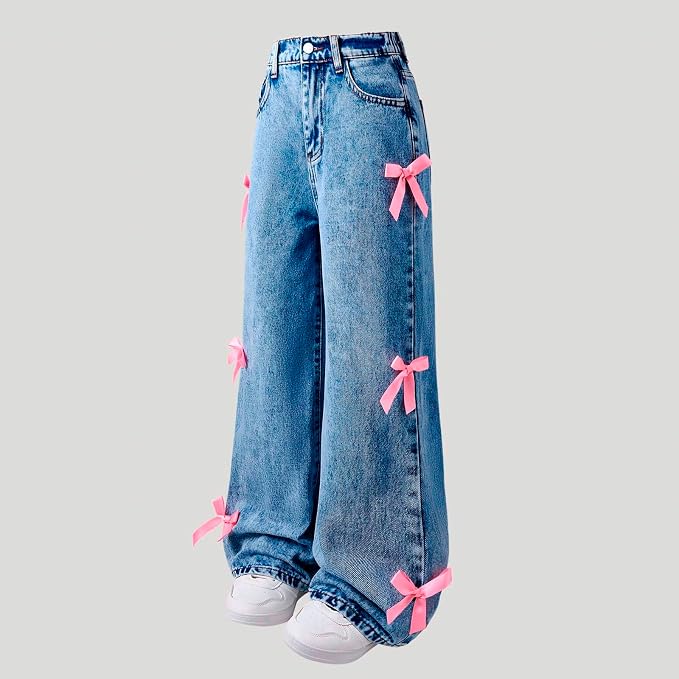 Girls Baggy Bow Jeans – High Waist Wide Leg Y2K Denim Pants for Kids & Teens