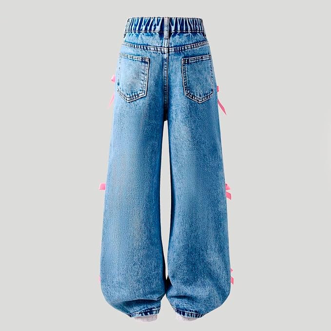 Girls Baggy Bow Jeans – High Waist Wide Leg Y2K Denim Pants for Kids & Teens