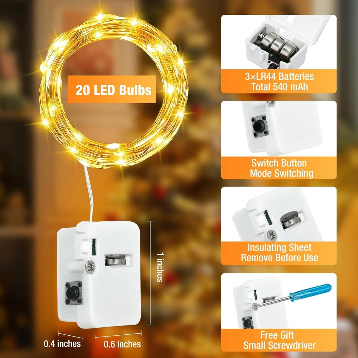 6-Pack Fairy String Lights – 7FT 20 LED Warm White Battery Operated Twinkle Lights