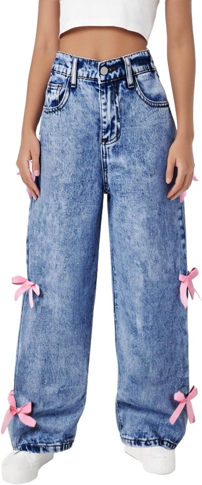 Girls Baggy Bow Jeans – High Waist Wide Leg Y2K Denim Pants for Kids & Teens