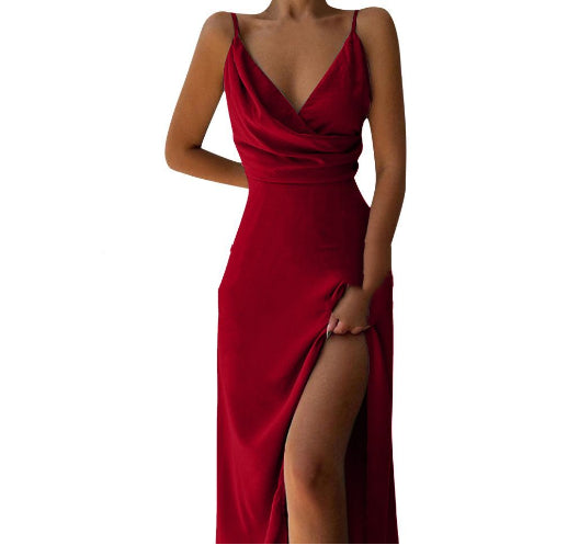 V-neck Slit Sling Suspender Dress