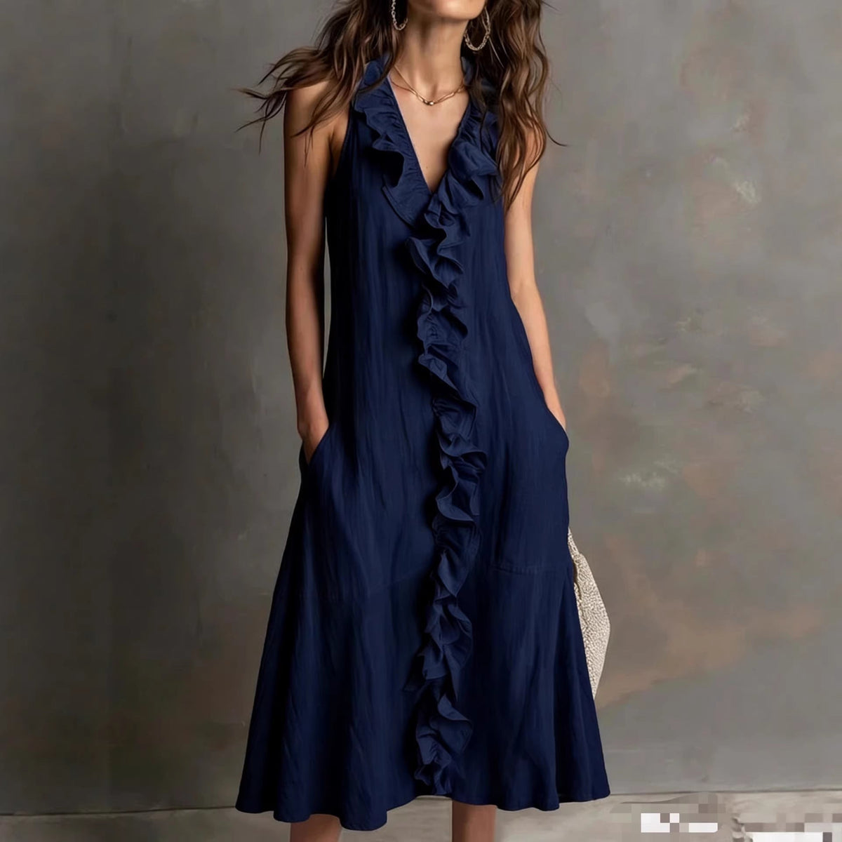 Cotton-Linen V-Neck Maxi Dress
