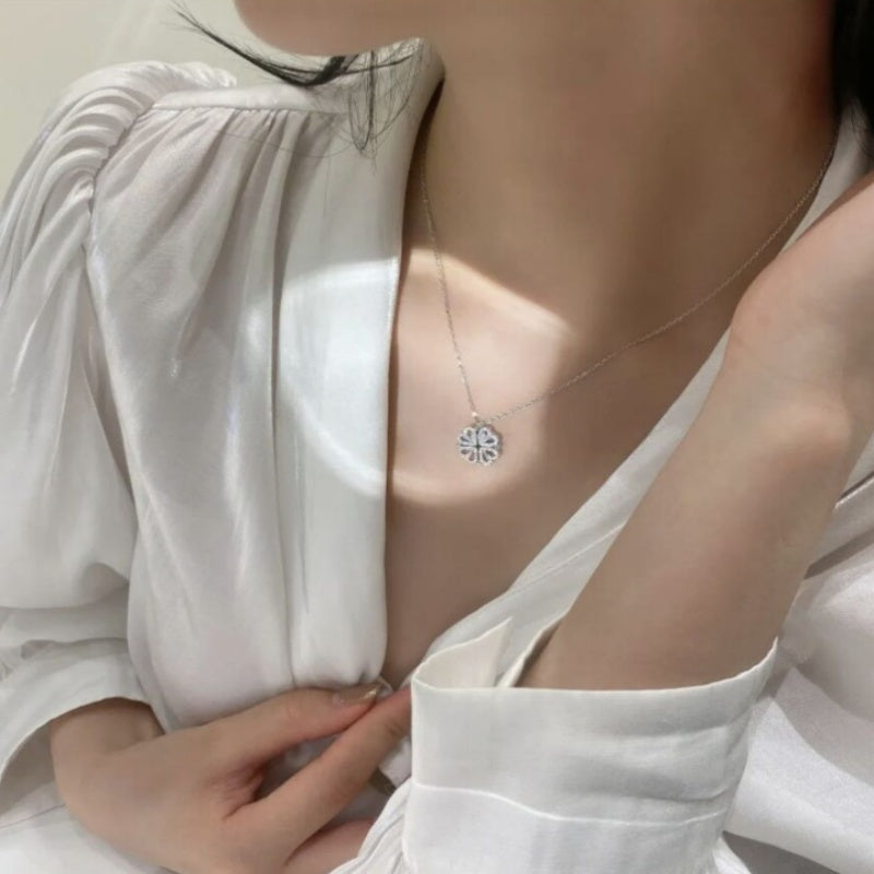 Magnetic Folding Heart Shaped Four Leaf Clover Necklace